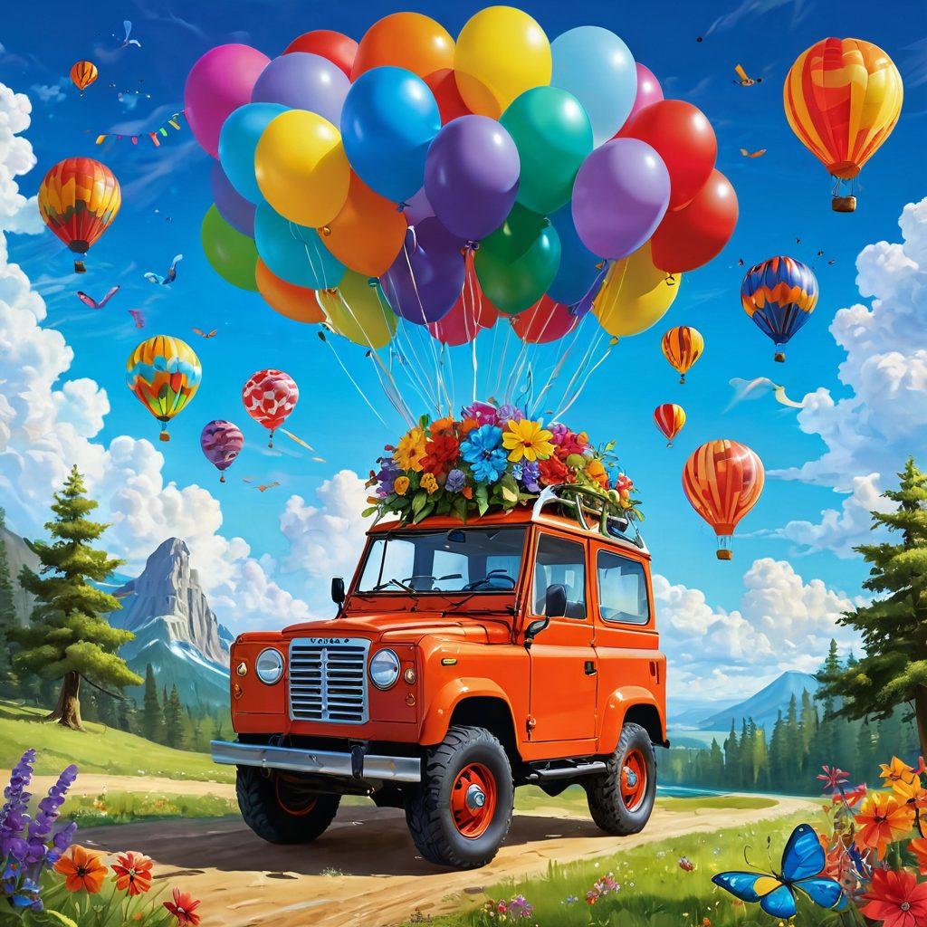 A fantastical scene featuring a whimsical, colorful vehicle with flowing ribbons and balloons, set against a bright, blue sky filled with fluffy clouds. Children of diverse backgrounds are joyfully embarking on an adventure, their faces lit with wonder and excitement. Surround the vehicle with playful, oversized, cartoonish flowers and friendly forest creatures, enhancing the atmosphere of joy and discovery. The overall color palette should be vibrant and inviting. digital art. vibrant colors. playful style.