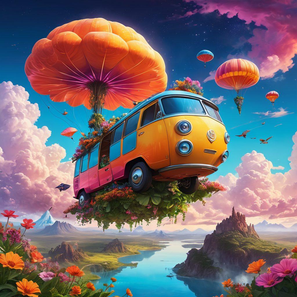 A vibrant, fantastical vehicle reminiscent of a whimsical flying machine, soaring through a surreal landscape filled with oversized flowers and floating islands. There are curious creatures peeking out from behind the foliage, and a colorful sky filled with fluffy clouds and celestial wonders. The scene radiates joy and a sense of adventure, inviting viewers into a world of imagination and surprise. digital art. vibrant colors. fantasy style.