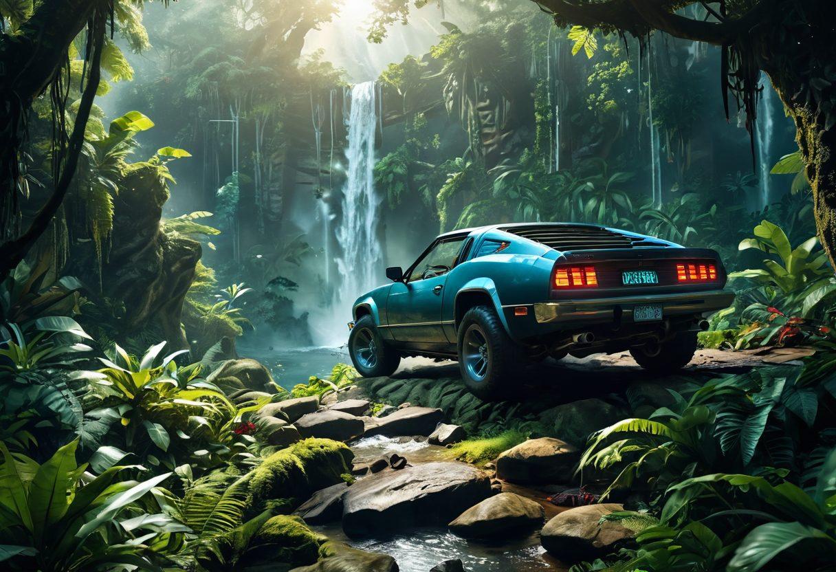 A thrilling scene showcasing a mysterious, futuristic vehicle speeding through a lush, uncharted jungle filled with exotic plants and cascading waterfalls, with curious adventurers peering inside. Distant mountains loom, hinting at undiscovered territories, and vibrant beams of sunlight break through the dense canopy above. Add a sense of wonder and excitement in the expressions of the adventurers. super-realistic. vibrant colors. adventurous atmosphere.